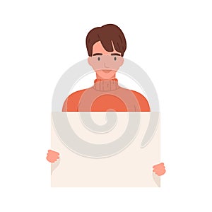 Funny guy in casual sweater smiling holding empty banner vector flat illustration. Smiling teen male demonstrate poster photo