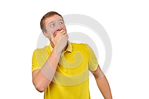 Funny guy loudly laughing out loud covering mouth with hands isolated on white background