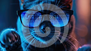 Funny hacker cat works at computer in dark room, cyber data reflected in glasses. Concept of spy, ransomware, technology, hack,