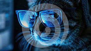 Funny hacker cat works at computer in dark room, digital data reflected in glasses. Concept of spy, technology, hack, animal,