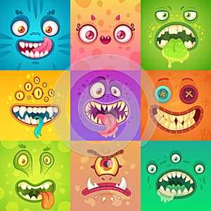 Funny halloween monsters. Cute and scary monster face with eyes and mouth. Strange creature mascot character vector