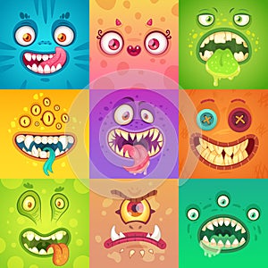 Funny halloween monsters. Cute and scary monster face with eyes and mouth. Strange creature mascot character vector illustration