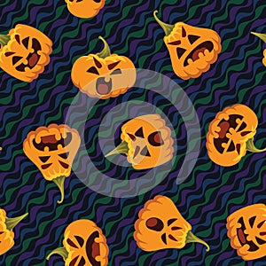 Funny Halloween pattern. Vector illustration of funny pumpkin heads in different form with various emotions isolated on