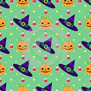 Funny Halloween pattern with witches hat, pumpkins and magic potion