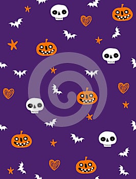 Funny Halloween Print with Pumpkins, Bats and Skulls Isolated on a Violet Background.