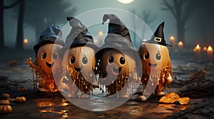 Funny Halloween pumpkins wearing witch hats, playful Halloween background creating humor.