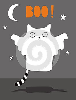 Funny Halloween Vector Illustration with Ghost Cat.  Scary Cat in Ghots Costume Isolated on the Dark Gray Background.