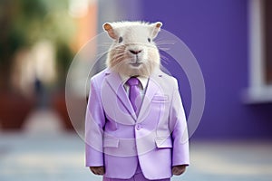 Funny hamster in pink business outfit outdoors on streets , humanised animals