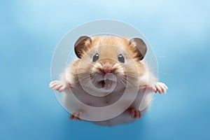 Funny hamster with stuffed cheeks smiling, flying