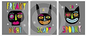 Funny Hand Drawn Abstract Halloween Vector Illustrations.