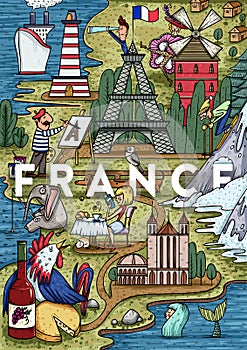 Funny Hand drawn Cartoon France map with most popular places of interest