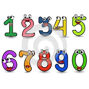 Funny hand drawn cartoon styled alphabet font colorful numbers 1 2 3 4 5 6 7 8 9 set with smiling faces vector alphabet