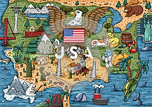 Funny Hand drawn Cartoon USA map with most popular places of interest