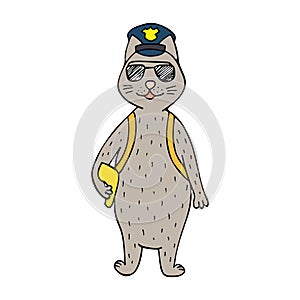 Funny hand-drawn cat police officer on the white background