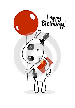 Funny hand drawn dog with a red balloon and present. Happy birthday flat vector illustration with text for gift cards