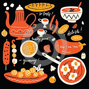 Funny hand drawn illustration of traditional middle eastern cuisine with hand written quotes about tasty food.Colorful