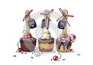 Funny hand drawn sketch of party dark, milk and white chocolate spoons with cherry, marshmallow, candy decorated with tags.