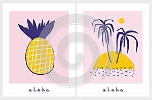 Funny Hand Drawn Tropical Party Vector Illustrations with Palm Trees and Pineapple.