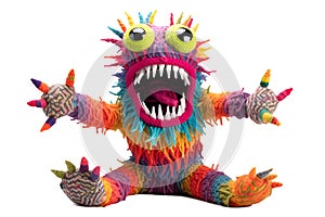 Funny handmade crocheted monster isolated on a white background. Generative ai