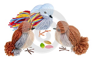 Funny handmade Easter birds are made of thread and peck  pumpkins  seeds isolated photo