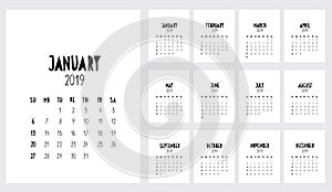 Funny Handwritten Vector Calendar. 2019 Year. Monthly 2019 Calendar.