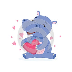 Funny happy baby hippo character sitting on the floor and holding pink heart, cute behemoth African animal vector photo