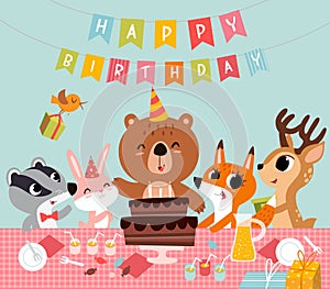 Funny happy birthday card. Cute baby animals together bear, bunny, fawn and badger with tasty cake in vector. Cartoon