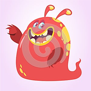 Funny and happy cartoon monster or ghost pointing hand. Vector Halloween illustration