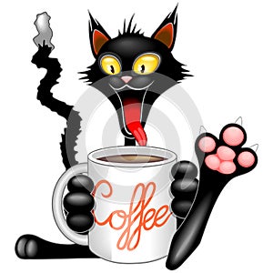 Funny Happy Cat with Big Coffee Mug