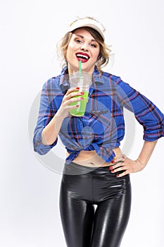 Funny and Happy Caucasian Blond Female Posing in Checked Shirt