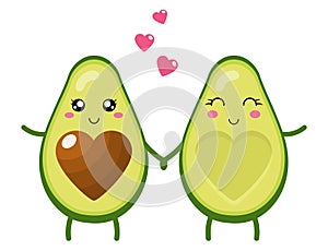 Funny happy cute happy smiling couple of avocado in love. Cute cartoon avocado couple holding hands. Valentine`s day greeting car