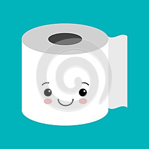 Funny happy cute smiling toilet paper. Vector flat cartoon character illustration icon. Isolated on blue background