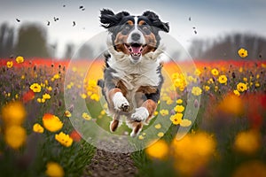 Funny and happy dog jumping on a flower meadow