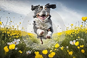 Funny and happy dog jumping on a flower meadow