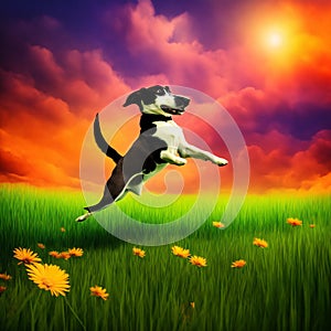 Funny and happy dog jumping on a flower meadow