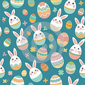 Funny Happy Easter seamless pattern background greeting card with rabbit, bunny, chicks and flowers, basket, easter eggs