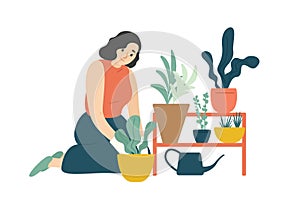 Funny happy girl taking care of houseplants growing in planters. Young cute woman cultivating potted plants at home