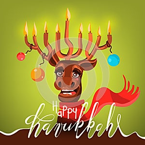 Funny Happy Hanukkah card. Cartoon, cute and happy Santa`s Christmas reindeer deer with antler in form of menorah