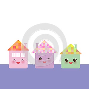 Funny happy house collection, kawaii face, smile, pink cheeks, big eyes. pastel colors. Banner card template for your text, copy