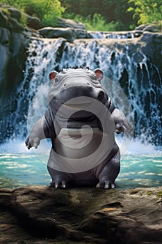 Funny happy laughing baby hippo dancing in a waterfall