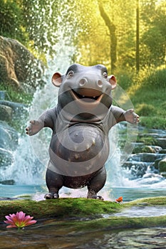 Funny happy laughing baby hippo dancing in a waterfall