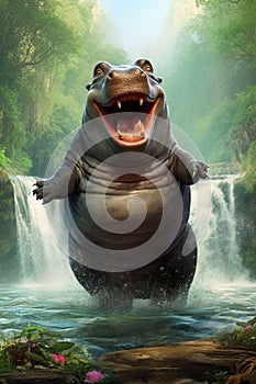 Funny happy laughing hippo dancing in a waterfall