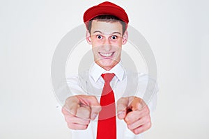 Funny happy man in red cap