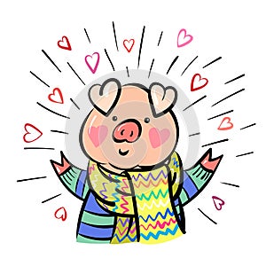 Funny happy pig dressed up in scarf. Comic cartoon animal. Symbol of a Chinese New Year.