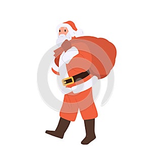 Funny happy Santa Claus cartoon character in red traditional costume carrying red sack with gifts