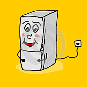 Funny happy smiling fridge mascot. Cartoon design of an icebox character with laughing face. Isolated vector drawing.