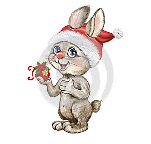 Funny hare with a New Year`s toy in Santa`s hat
