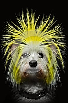 Funny havanese with a yellow mohawk on his head like a punk on a black background