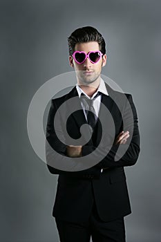 Funny heart shape pink sunglasses businessman