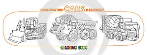 Funny heavy cars with eyes. Coloring book set